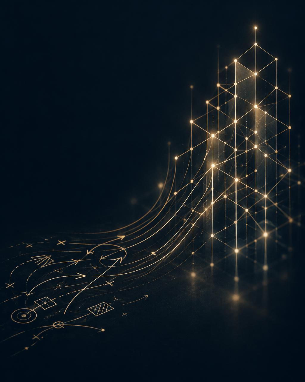 Abstract brass line artwork: a sketched strategy dissolving into a luminous, precisely built lattice — delivery making strategy real
