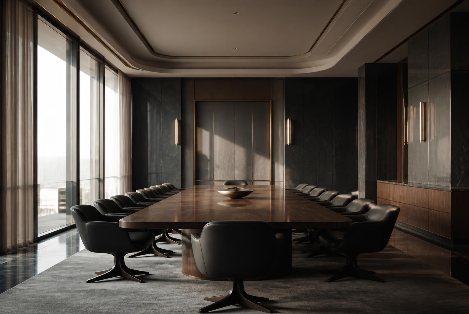 An empty executive boardroom with a long walnut table, dark stone walls and tall daylight windows.