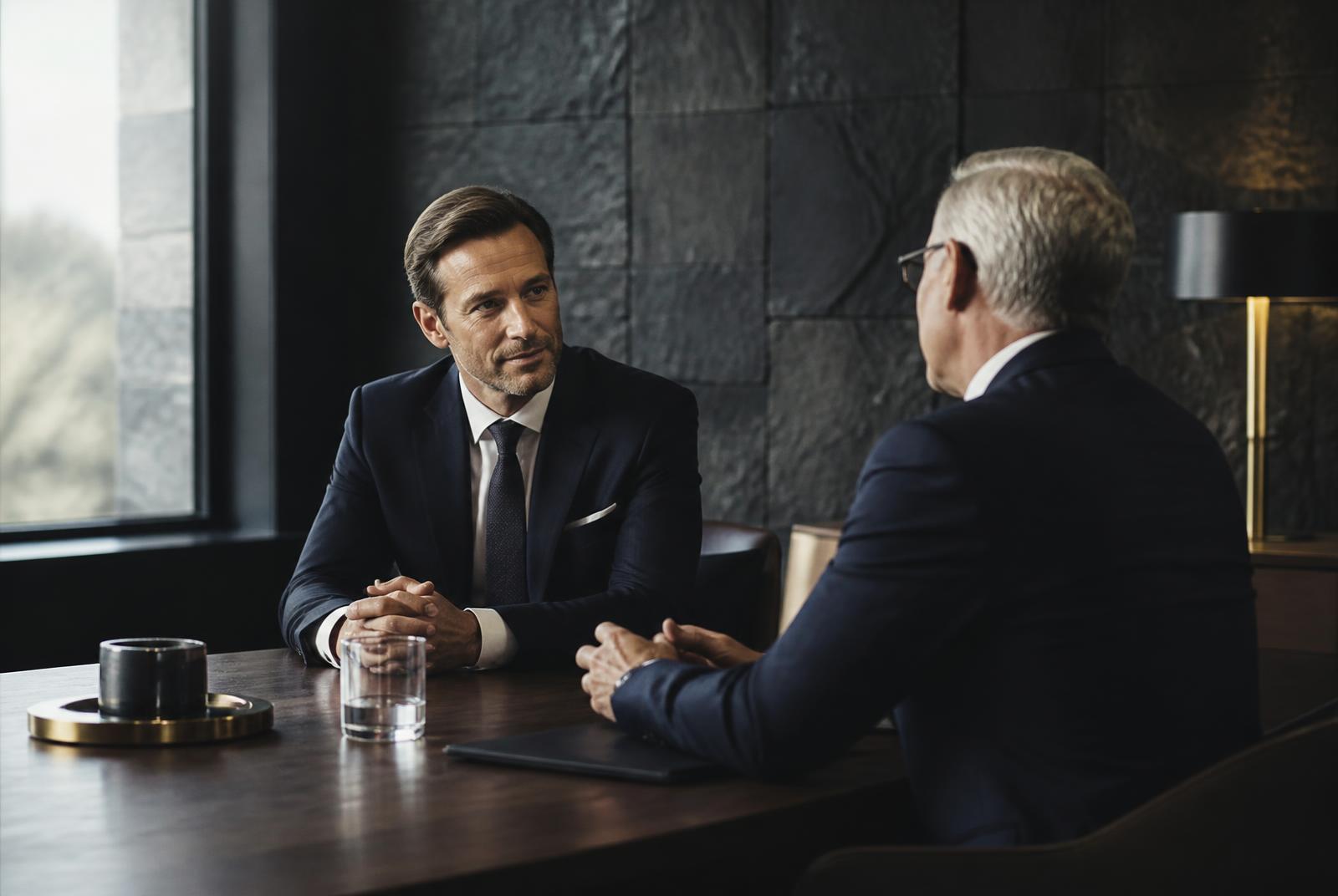 Two executives in dark suits in quiet discussion across a walnut table in a naturally lit room.